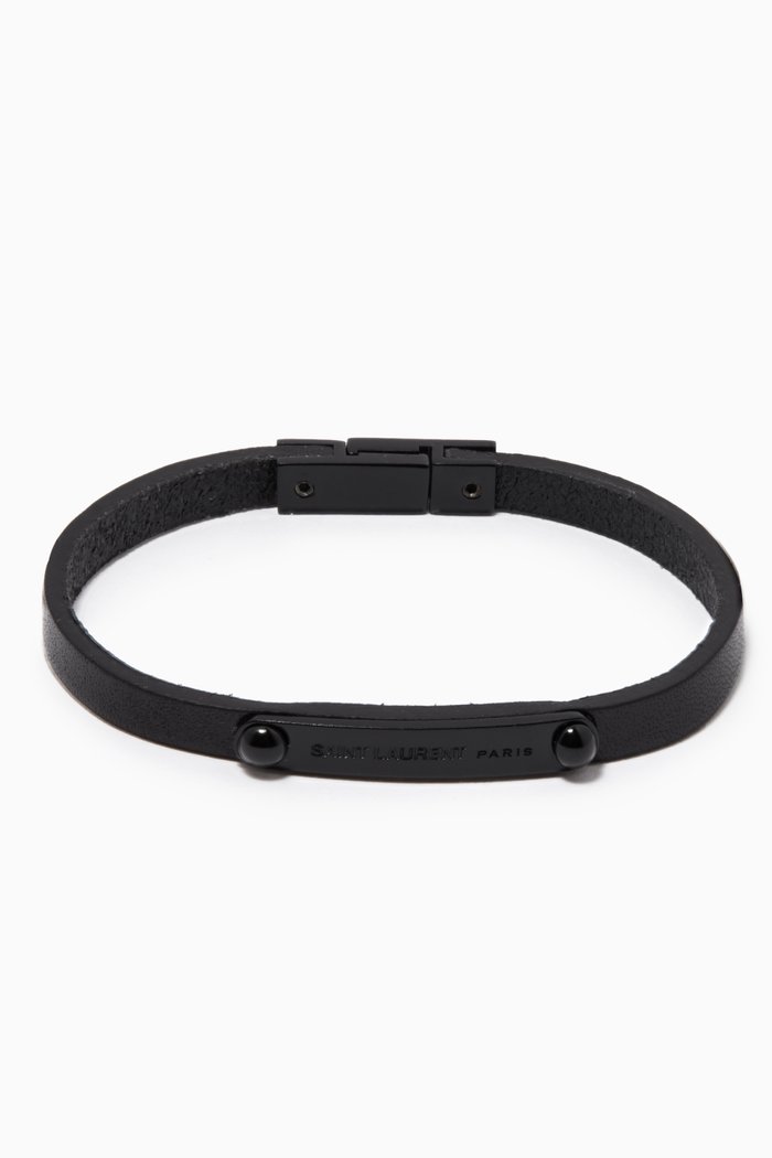 

SAINT LAURENT ID Plaque Bracelet in Smooth Leather, Black
