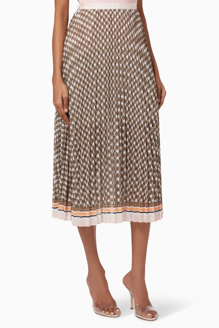 

Long Pleated Skirt with Inlaid Belt, Multicolour