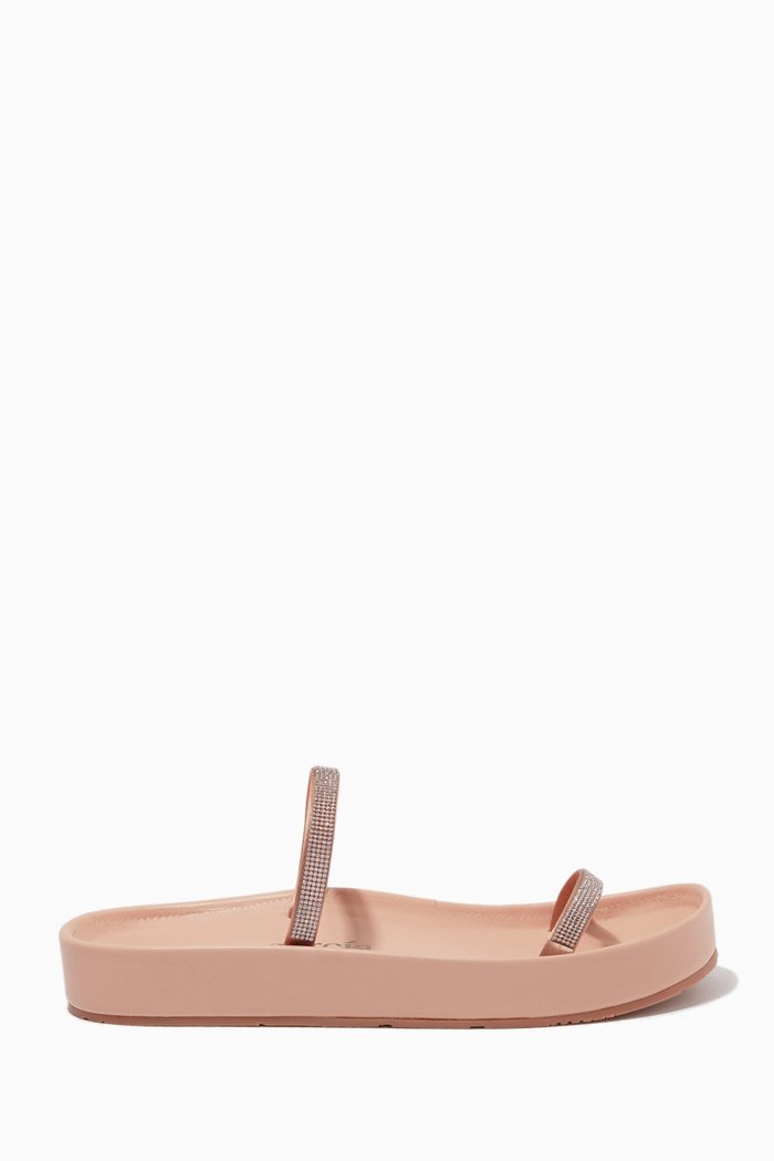 

Alaia Platform Slides with Swarovski Crystal in Laminated Goatskin, Brown
