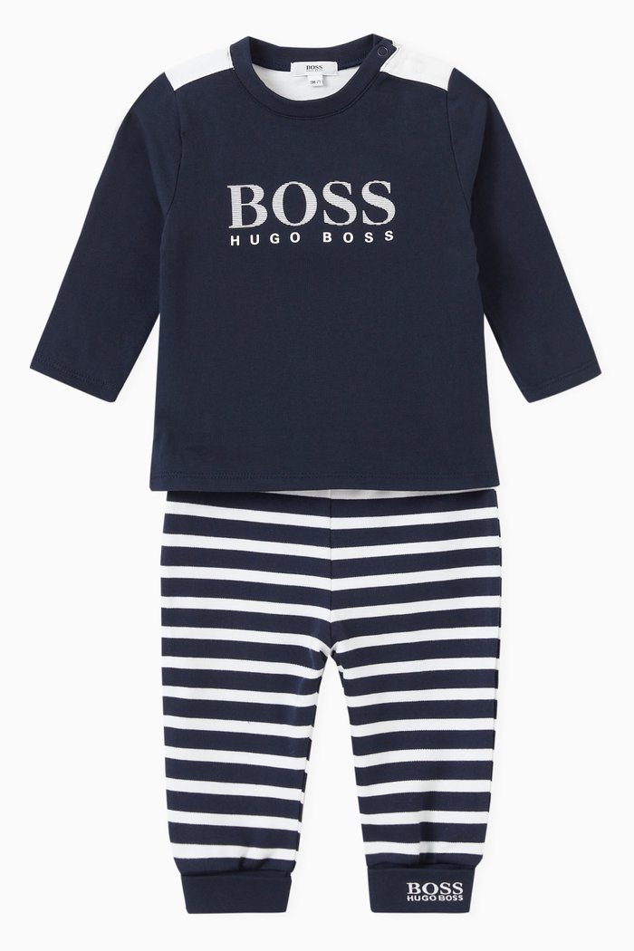 

Logo T-shirt & Striped Pants Set in Jersey, Blue