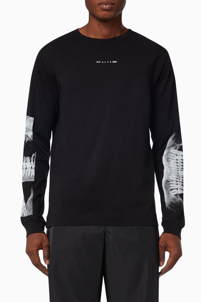 

Triple Print Long Sleeve T-shirt in Cotton Jersey, Black
