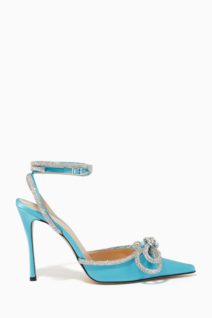 

Double Crystal Bow Pumps in Silk Satin, Blue
