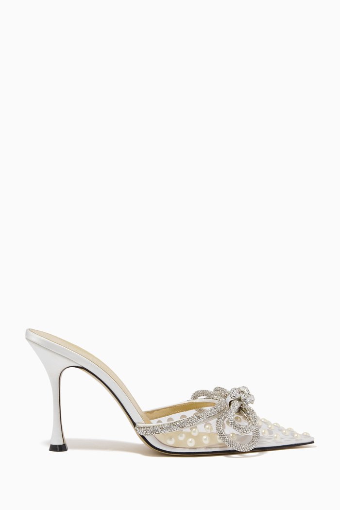 

Double Crystal Bow Mules in Pearl-embellished PVC, Silver