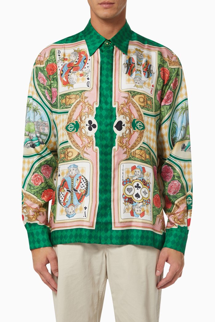 

Le Jardin des Cartes Shirt in Printed Silk Twill, Green