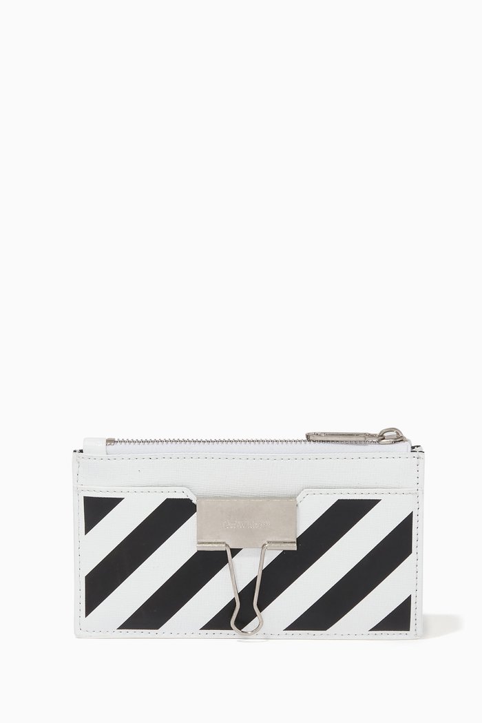

Diagonal Stripe Binder Card Case in Leather, White
