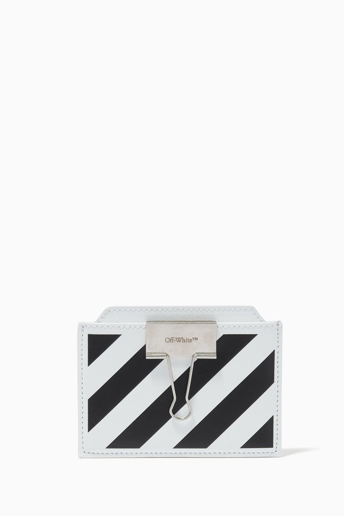 

Diagonal Stripe Card Holder in Saffiano Leather, White