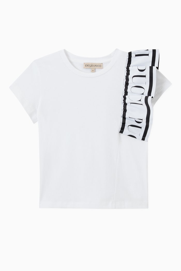Pucci Ruffled Logo Tape T-shirt in Jersey, White