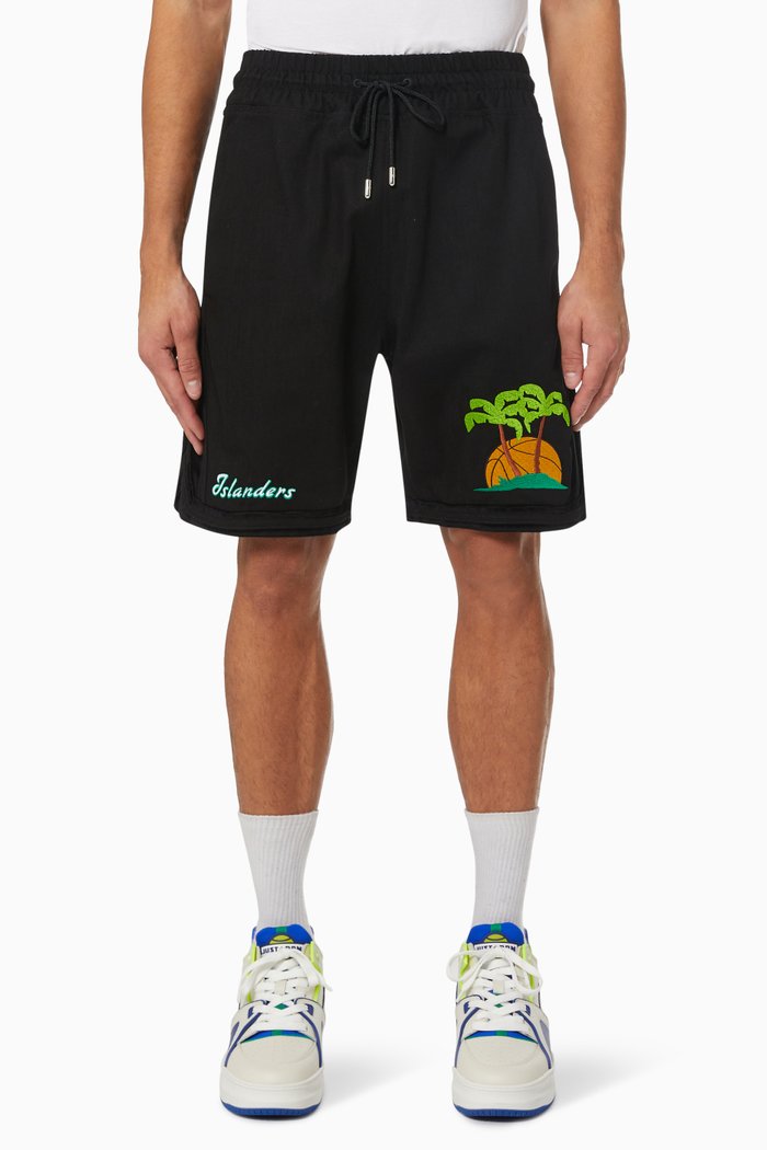 

Islanders Embroidered Shorts in Cotton Twill, Black