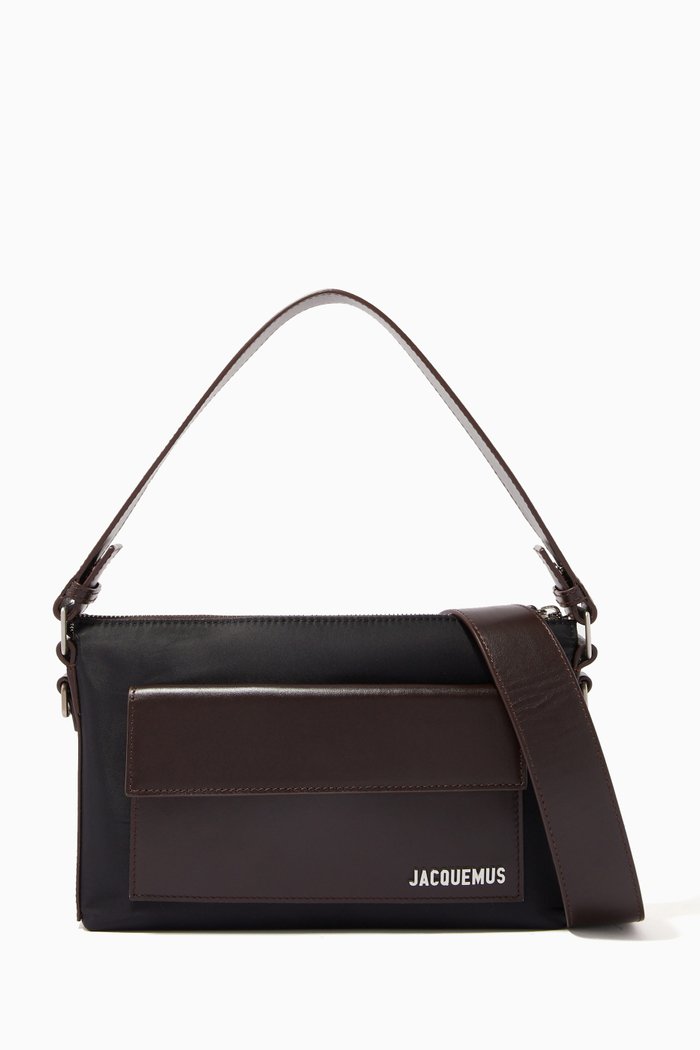 Le Pinu Shoulder Bag in Leather & Nylon, Black