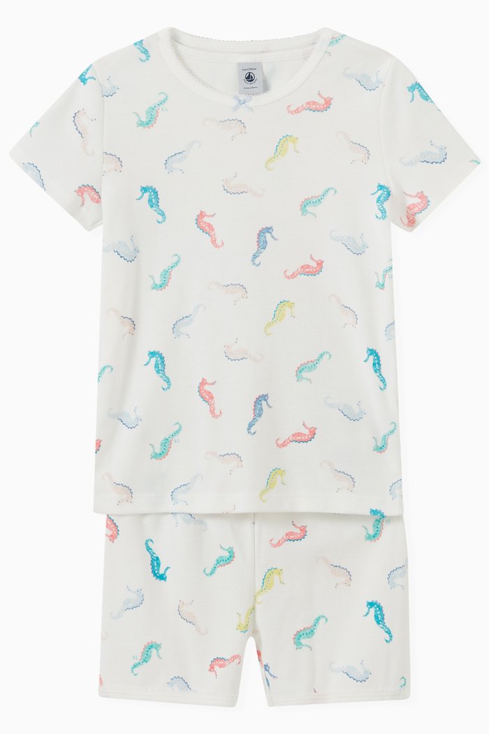 Seahorse Pattern Short Pyjamas Set in Cotton, Multicolour