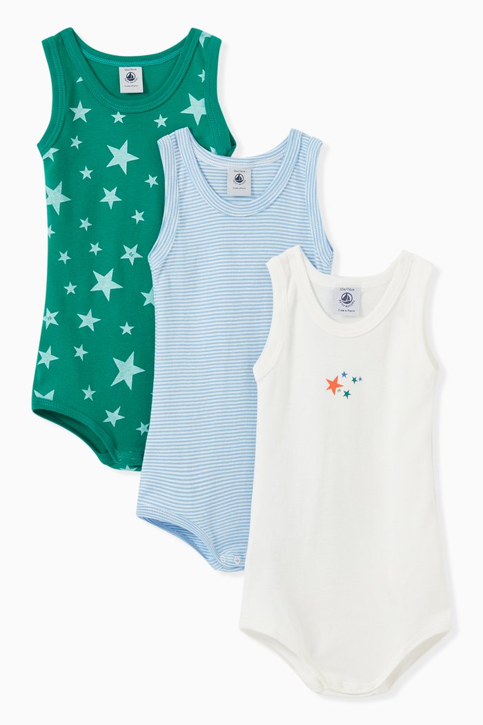 

Sleeveless Cotton Bodysuit, Set of 3, Multicolour