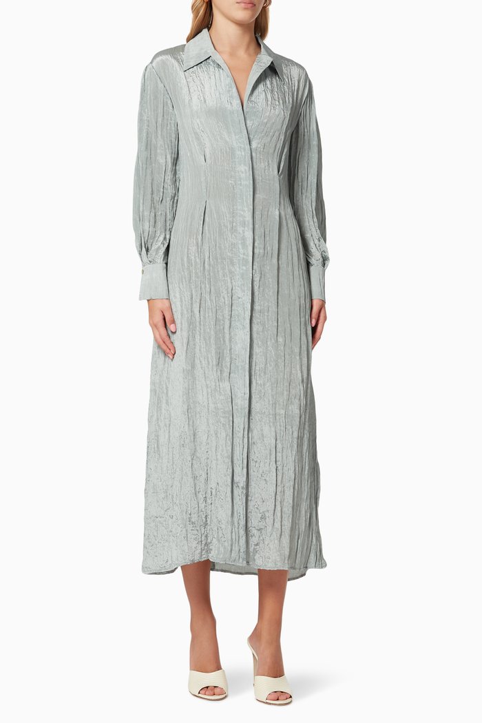 

Pleated Shirtdress in Crinkled Crepe, Green