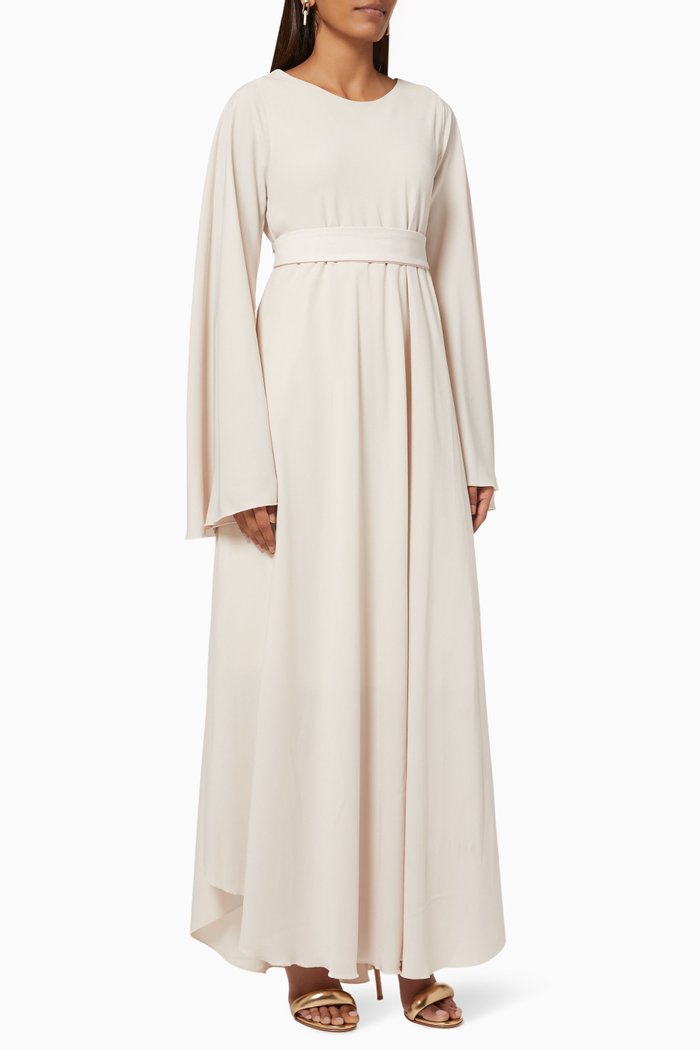 

Flared Sleeves Dress with Belt, White