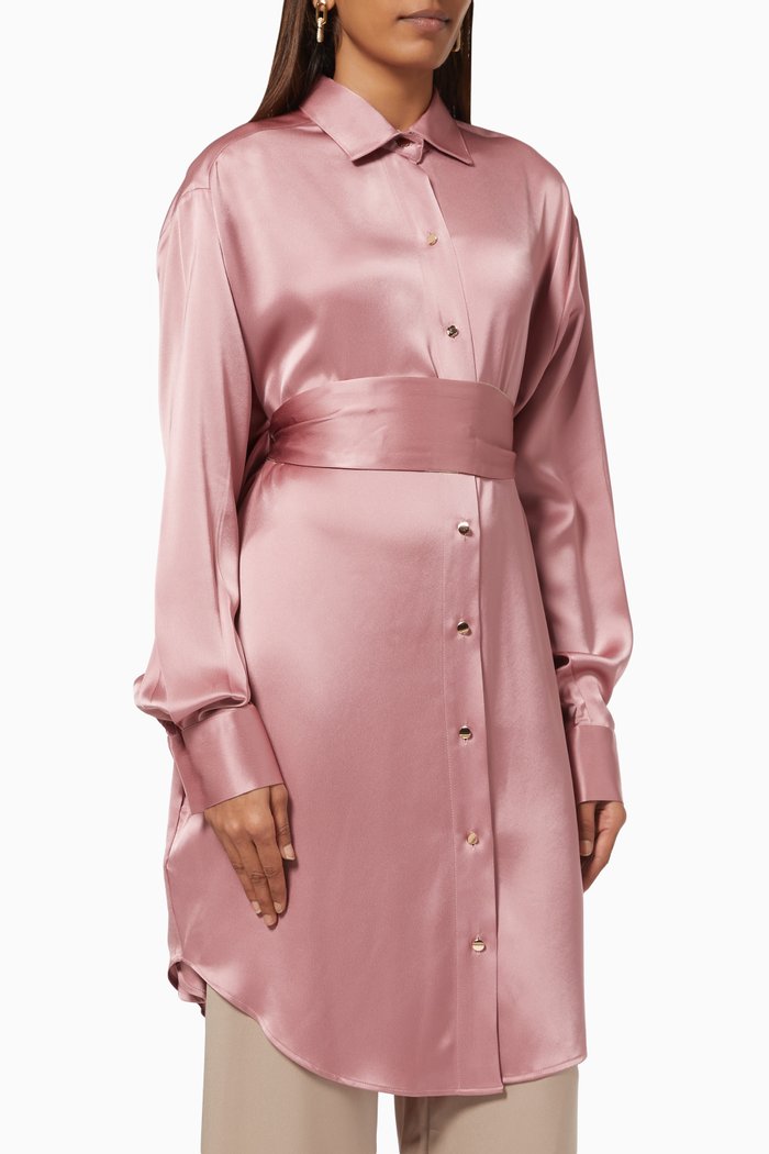 

Belted Longline Shirt in Silk, Pink