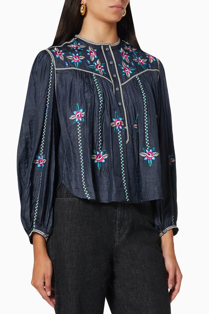 

Caitlyn Floral Embroidered Blouse in Silk, Black