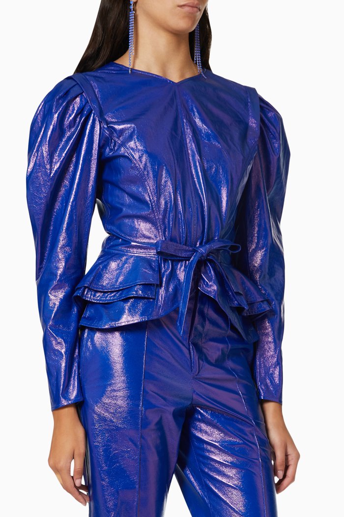 

Girokia Peplum Top in Faux Leather, Blue