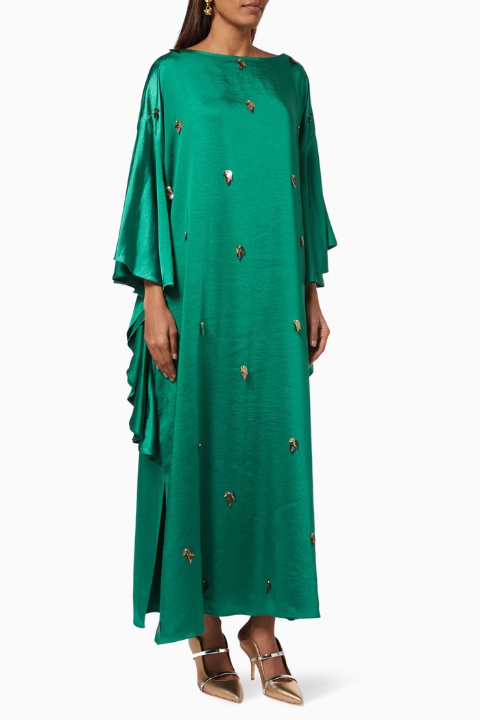 Frilled Sleeve Kaftan with Scattered Embellishment, Green
