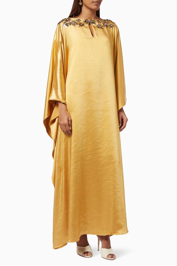 

Embellished Neckline Kaftan in Silky Crepe, Yellow