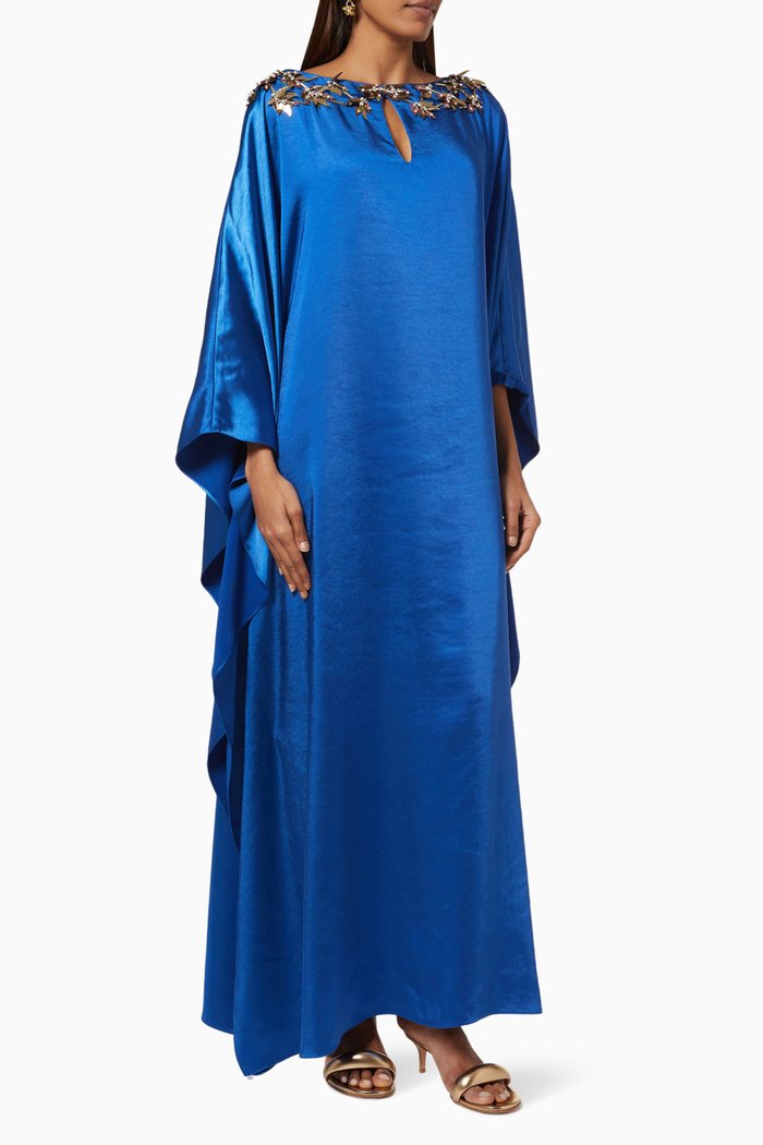 Embellished Neckline Kaftan in Silky Crepe, Blue