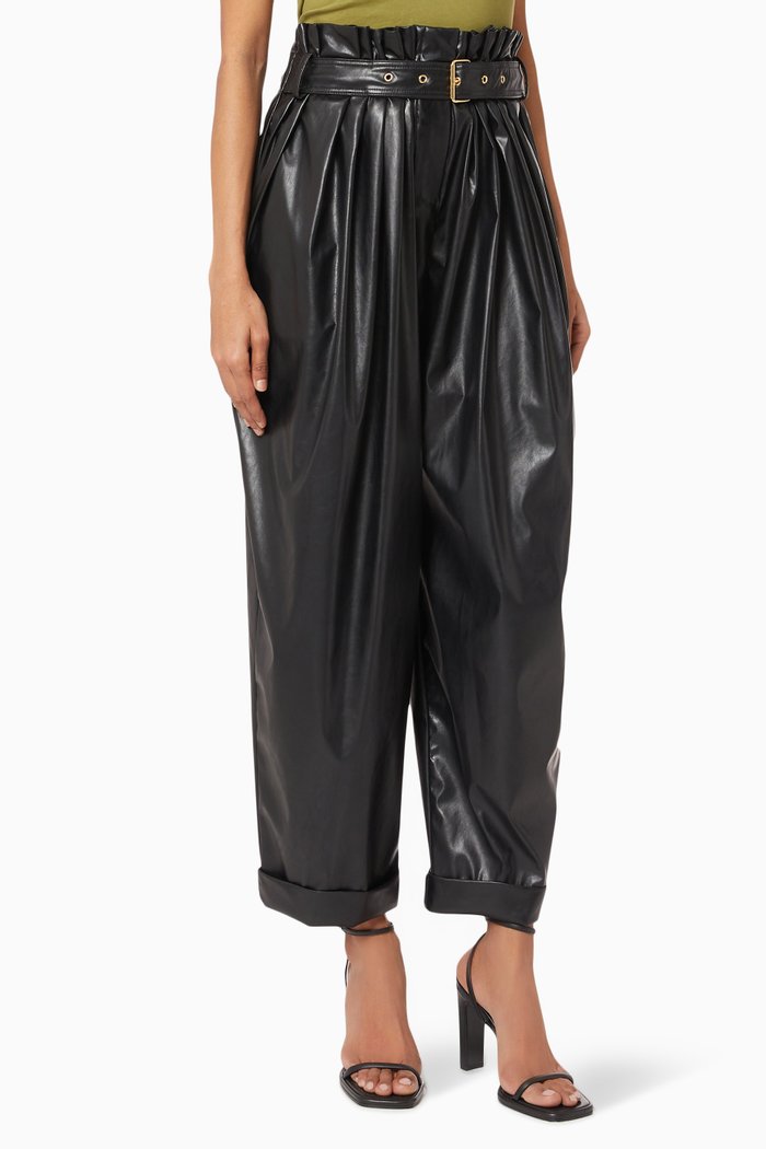 

High-waisted Paperbag Pants in Leather, Black