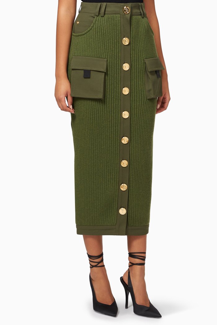 

Cargo Midi Skirt in Wool Knit, Brown