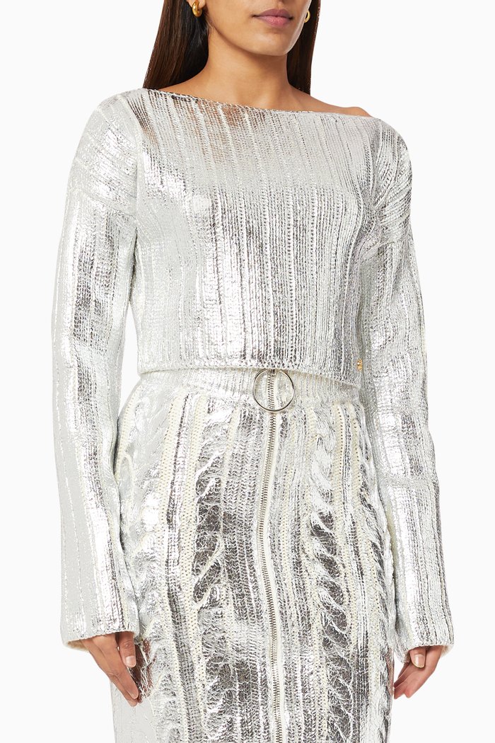 

Cropped Sweater in Metallic Knit, Silver