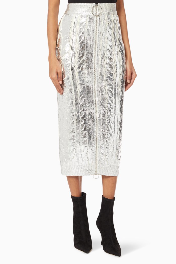 

Midi Skirt in Metallic Cable-knit, Silver