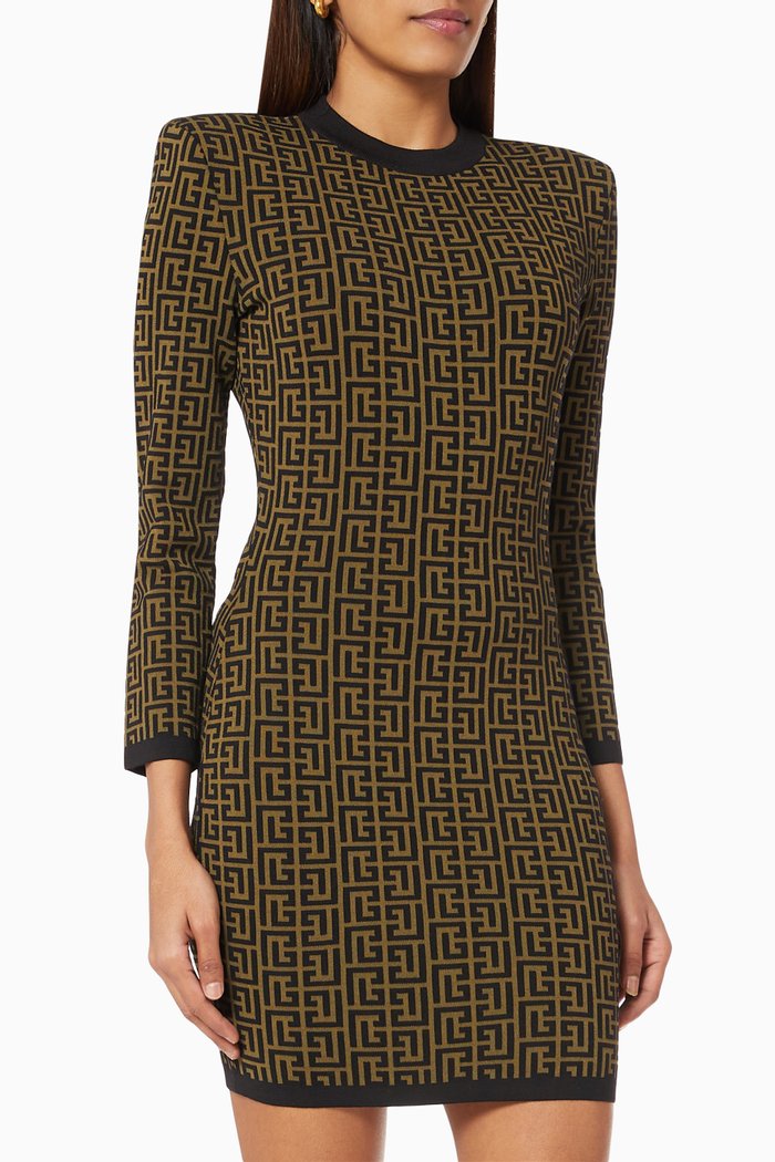 

Padded Shoulder Mini Dress in Monogram Jacquard Knit, Brown