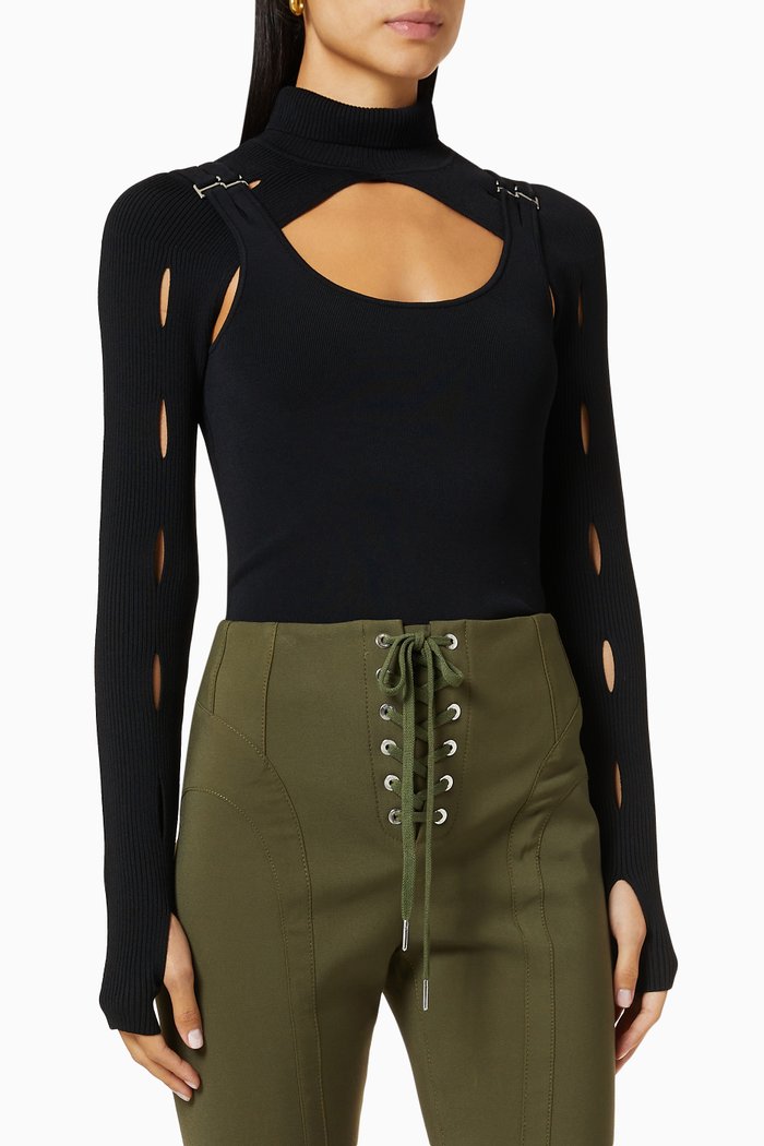 Slash Woven Top Set in Viscose Ribbed Knit, Black