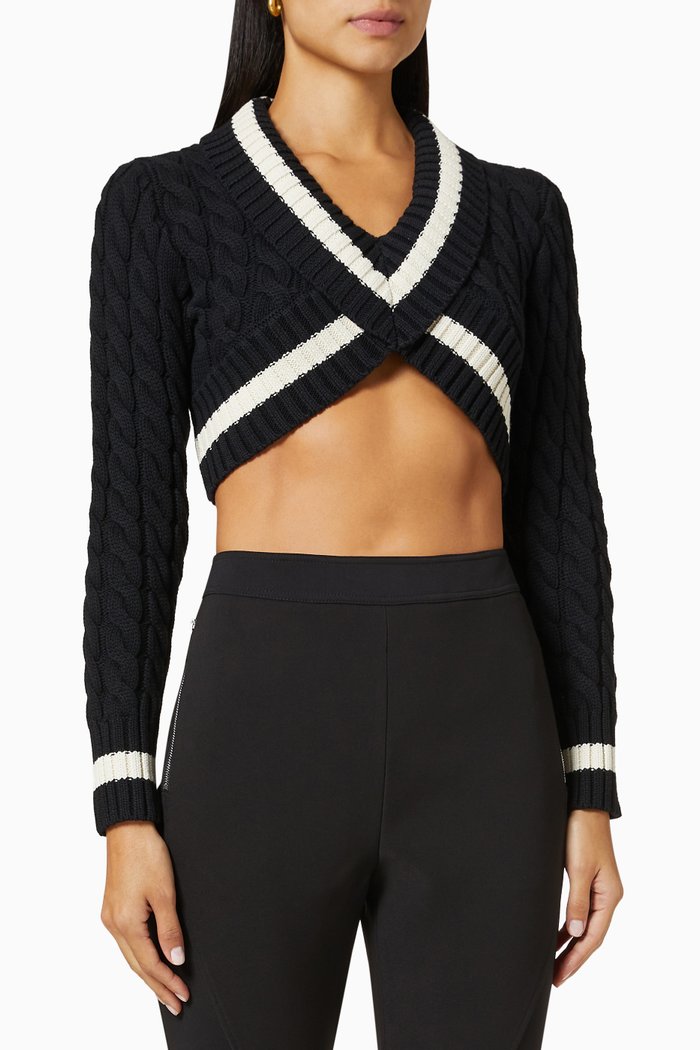 

Cropped Cable Sweater in Cotton Blend Knit, Black