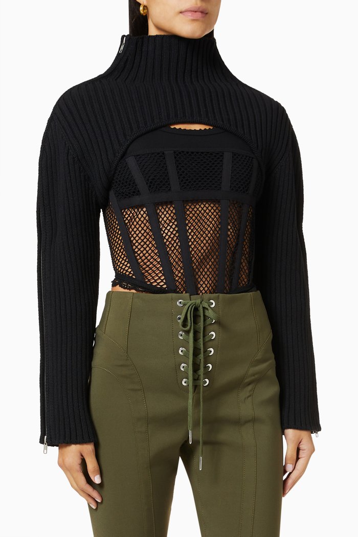 

Zip Placket Sleeve Bolero in Ribbed Knit, Black