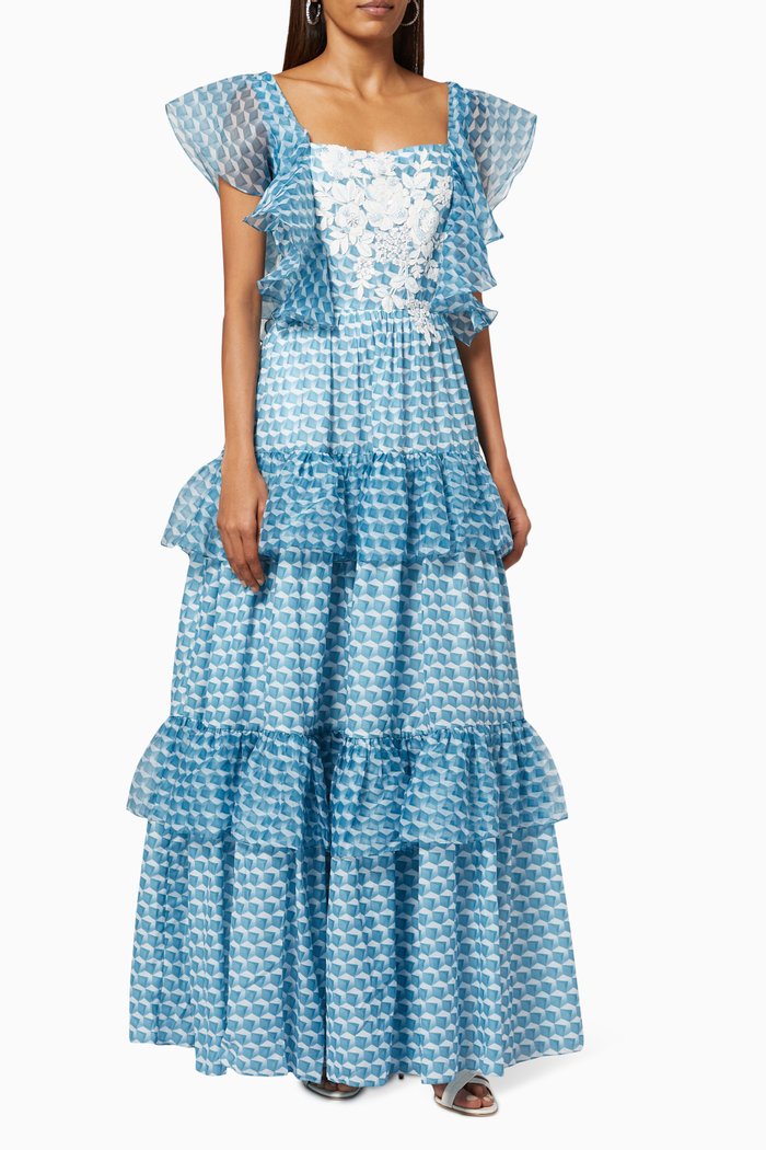 

Raquel Tiered Ruffle Maxi Dress in Chiffon, Blue