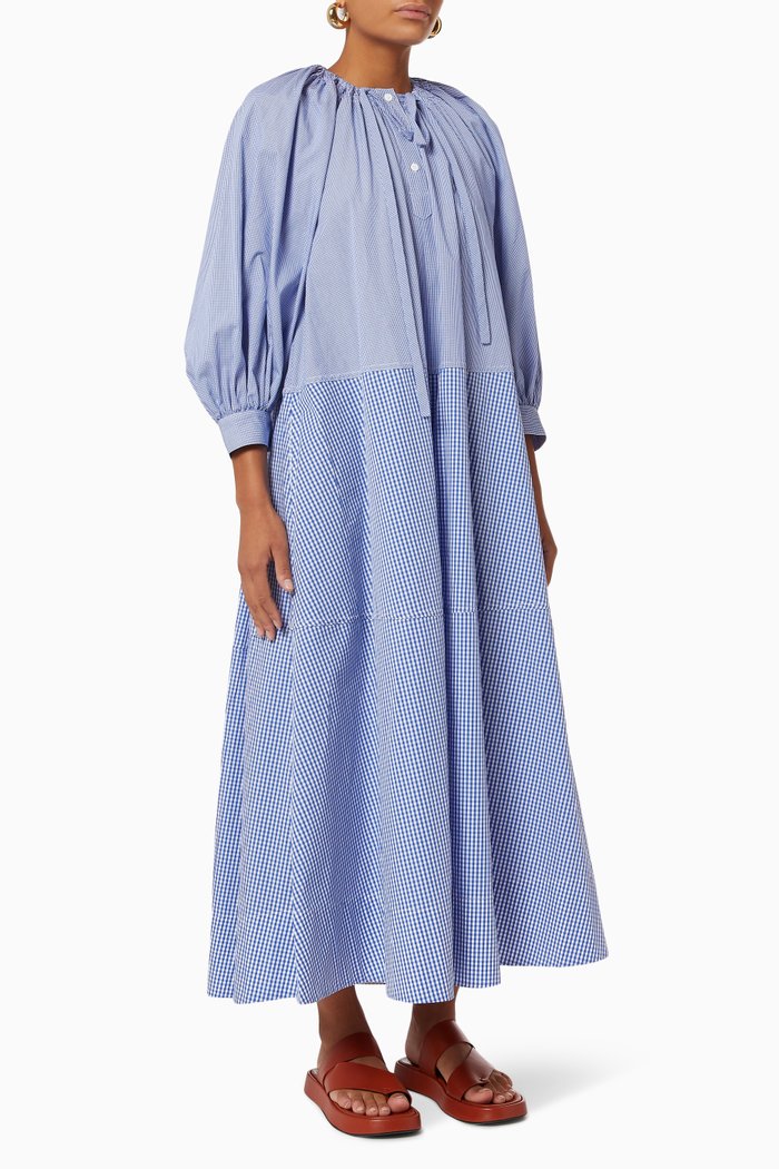

Yale Ruched Maxi Dress in Chambray, Blue