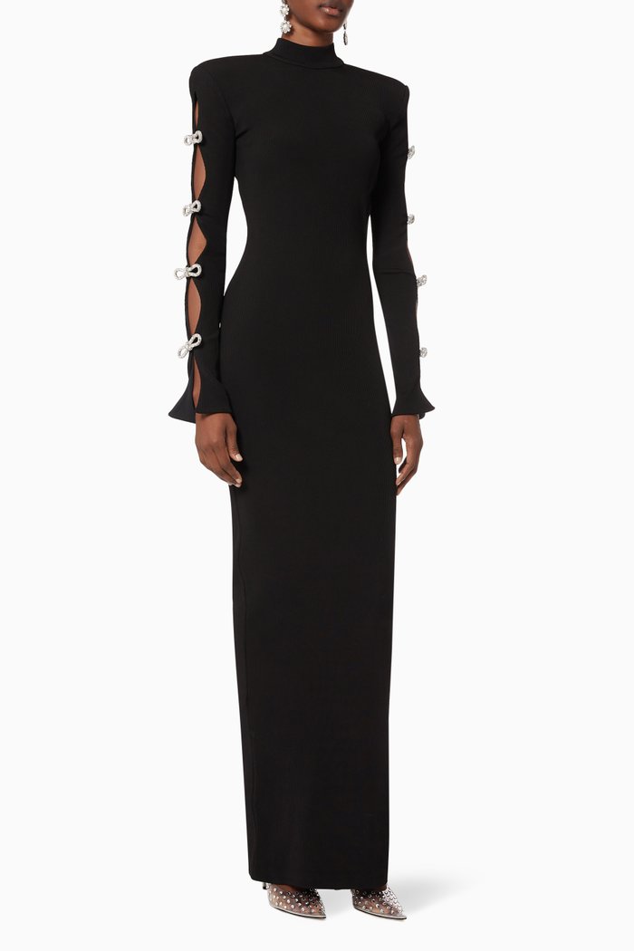 

Crystal Bow Cutout Maxi Dress in Stretch Modal, Black