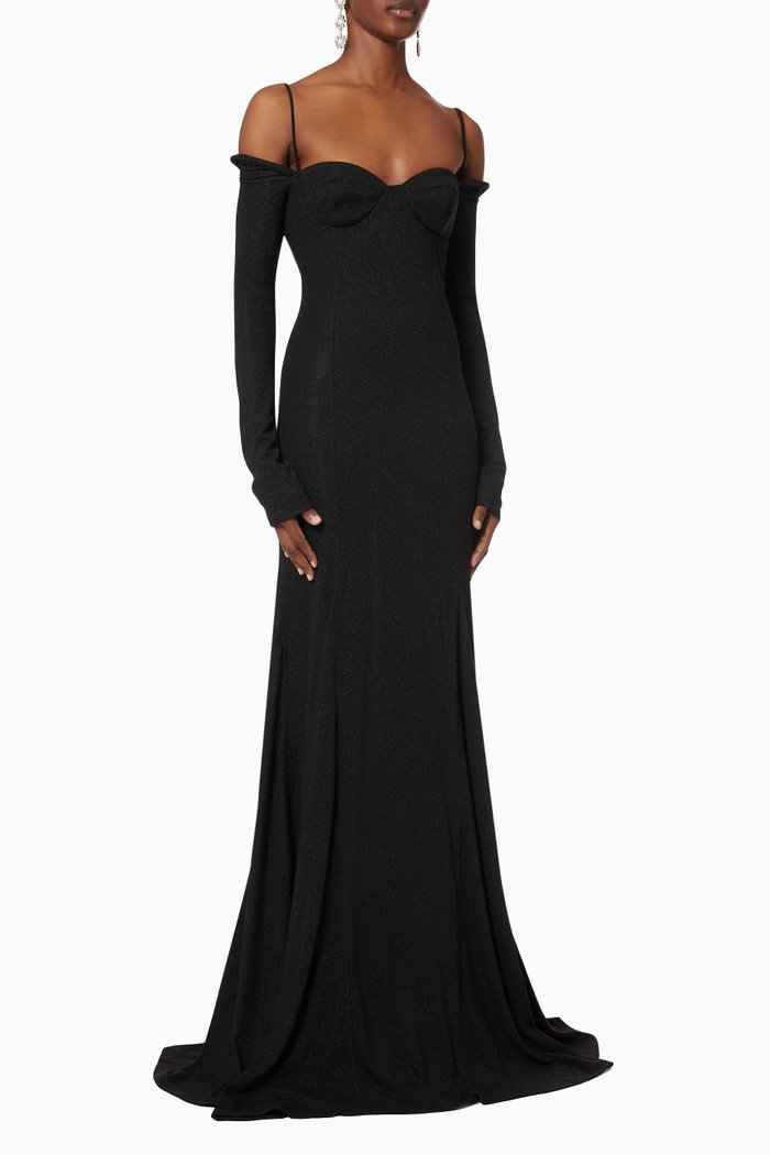 

Cold-shoulder Gown in Shimmery Ribbed Knit, Black
