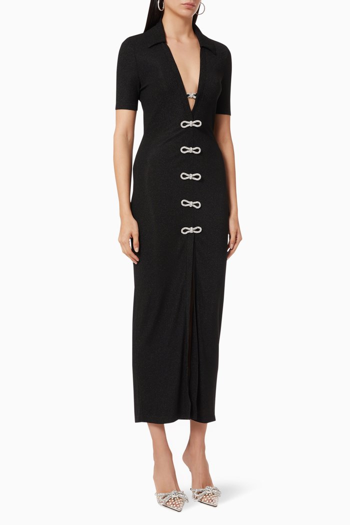Crystal Bow Midi Dress in Ribbed Knit, Black