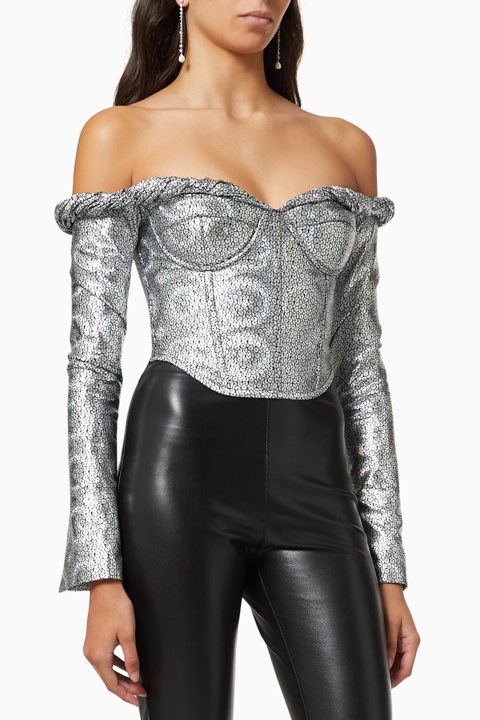 

Off-shoulder Corset Top in Textured Satin, Silver