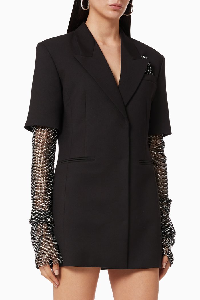 

Crystallized Mesh Sleeves Blazer Dress, Black