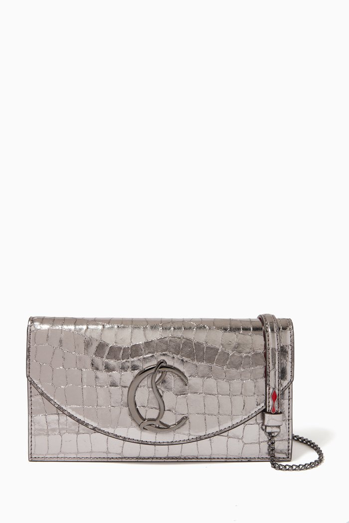 

Loubi54 Clutch Bag in Shiny Alligator Embossed Leather, Silver