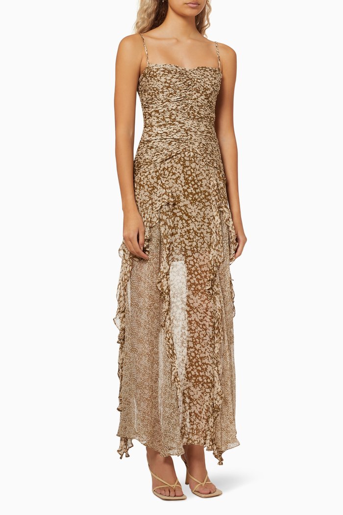 

Claudette Ruched Frill Dress in Chiffon, Green