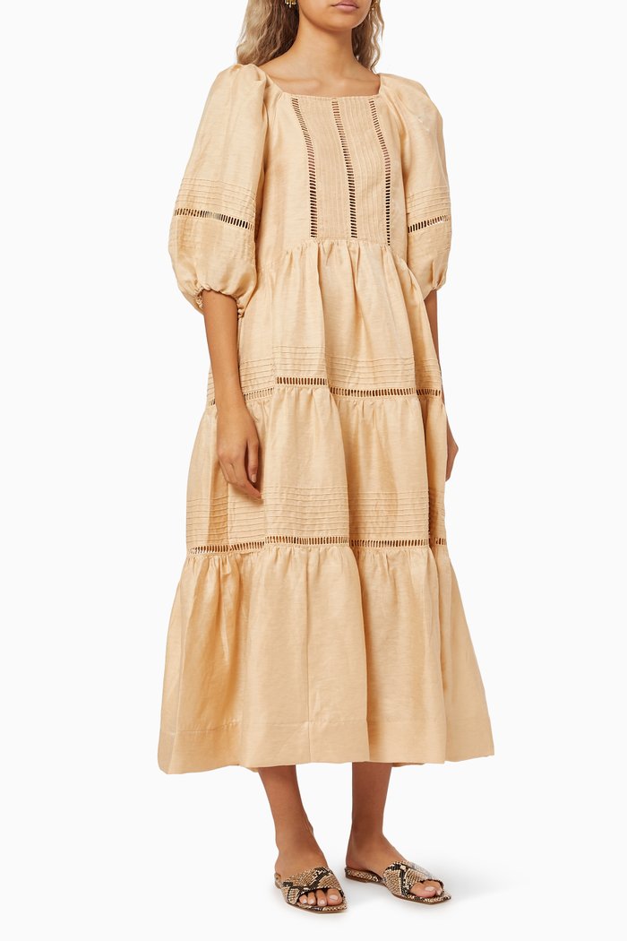 

Joia Pintuck Puff Sleeve Dress in Linen, Neutral