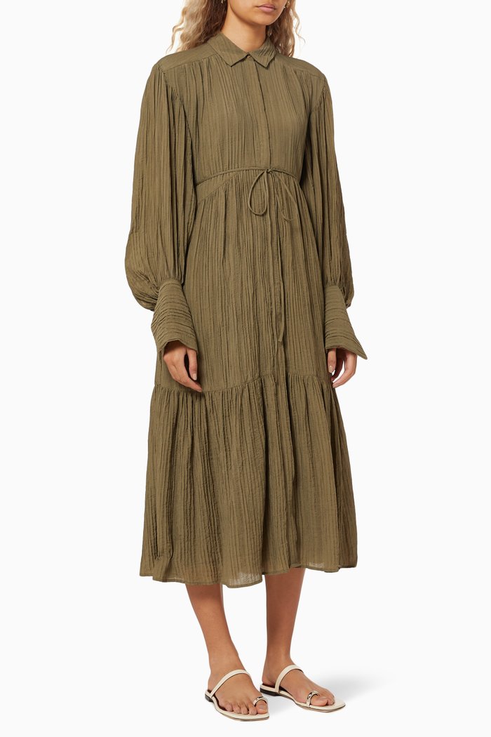 

Mila Button Up Tiered Dress in Viscose, Green