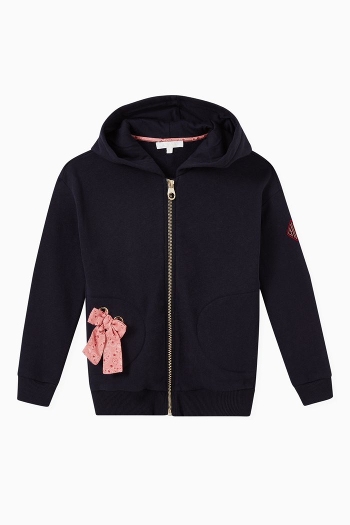 

Paisley Bow Hooded Cardigan in Cotton, Blue