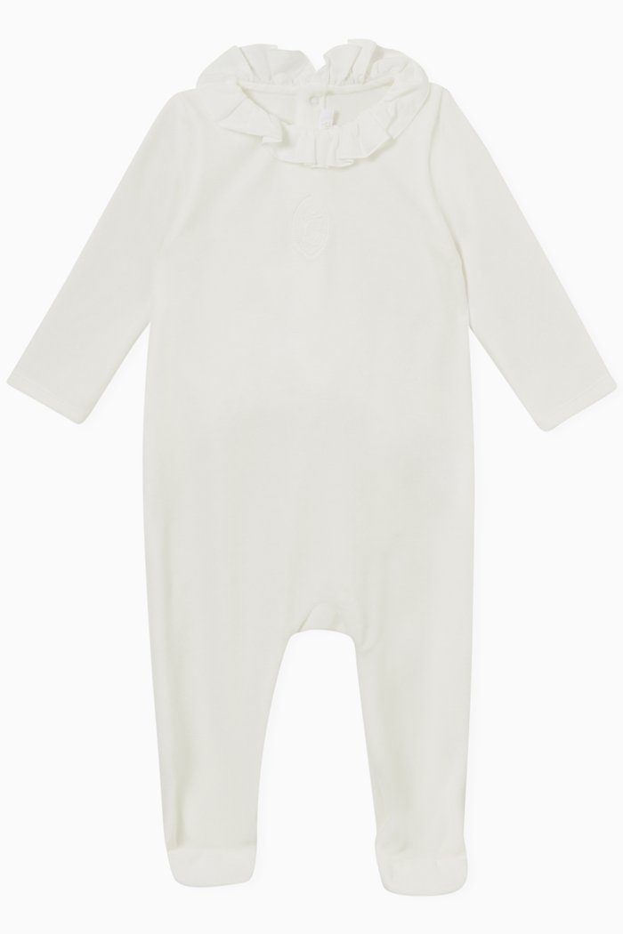 Ruffled Neck Logo Pyjamas in Cotton Blend, Neutral
