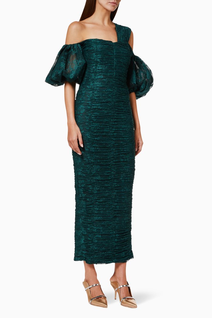 

Ruched Dress in Floral Lace, Green