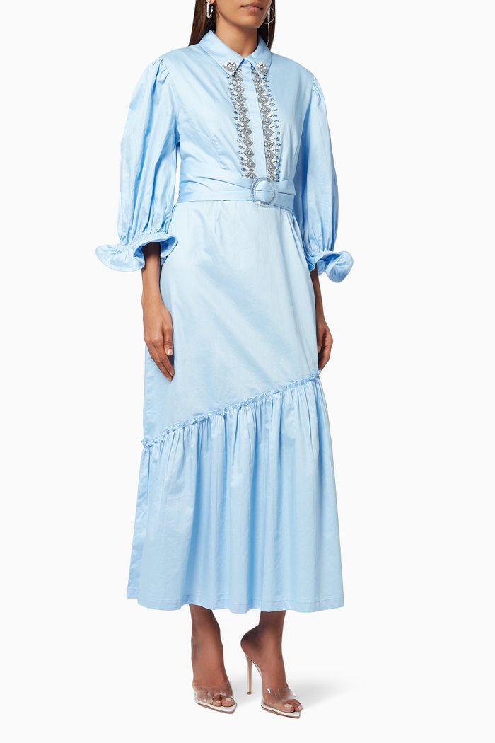 

Belted Shirt Dress with Embellished Placket, Blue