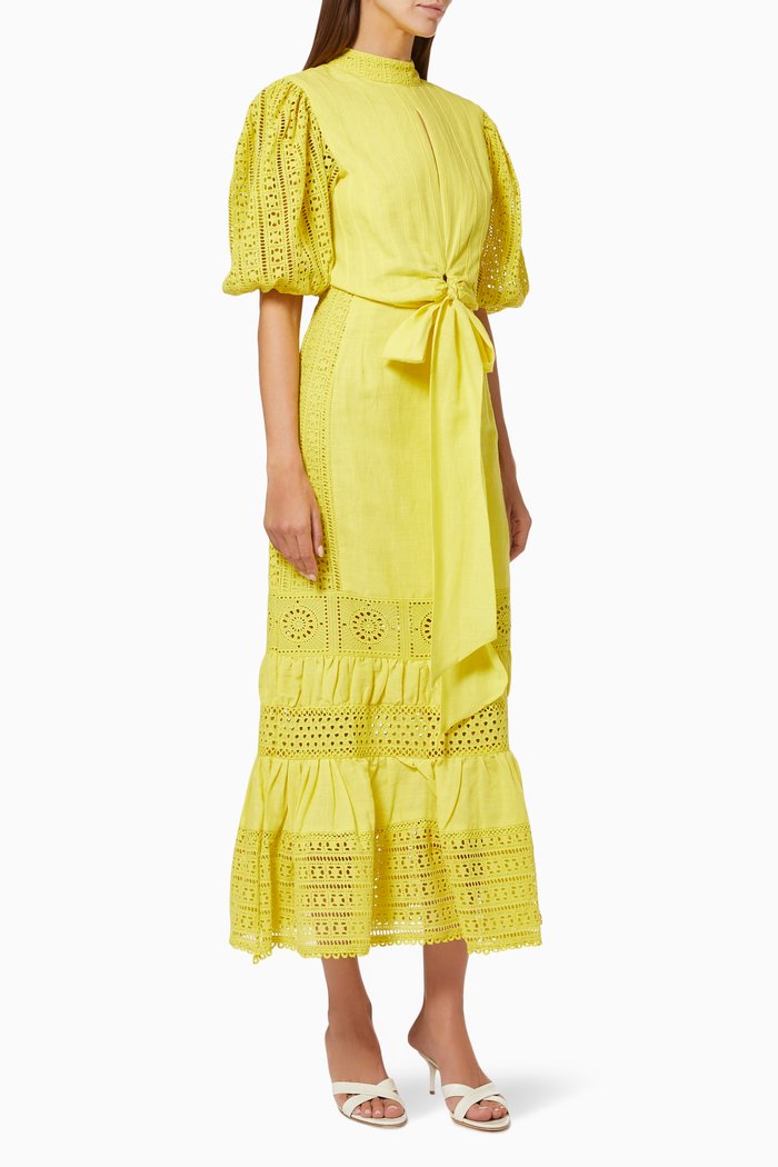 

Floral Embroidered Dress with Sash, Yellow