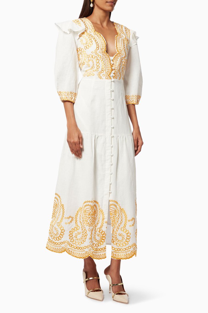 

Frill Dress with Floral Embroidery, White