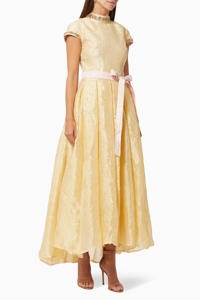 

Textured Dress with Beaded Embroidery, Yellow