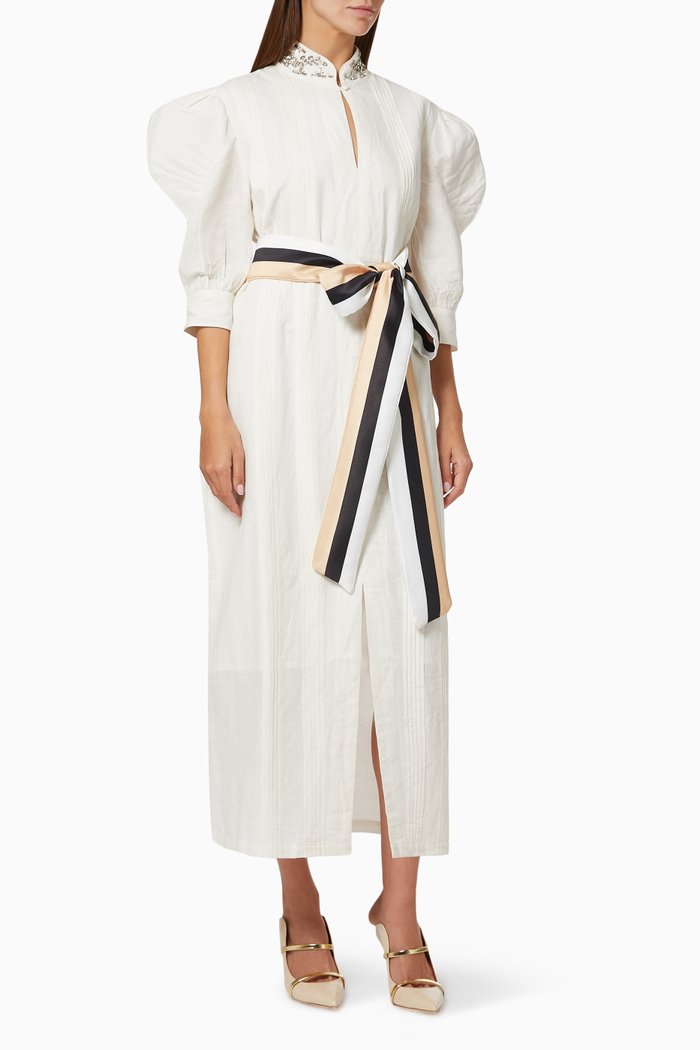 

Puff Sleeve Dress with Stripe Belt, White